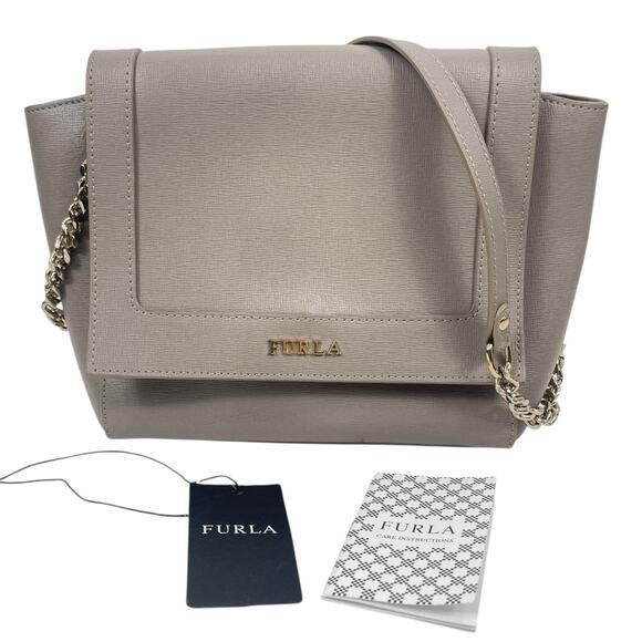 Furla Ginevra Leather Mini Crossbody Bag Sabbia Beige Gray Gold Chain - Picture 1 of 14